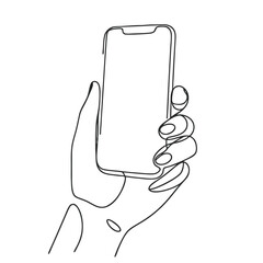 Hand holding smartphone in minimalist line art style  