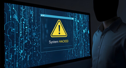 Hacker breaks system in room. Background is circuit board. Can be used for tech, crime, security