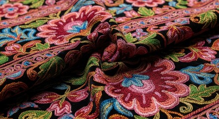Intricate floral embroidery on a black fabric showcasing vibrant colors and detailed patterns