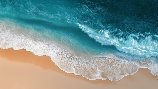 Aerial top view of a stunning white sand beach with turquoise ocean waves gently crashing on the shore under natural sunlight, captured in minimalistic and hyper realistic style with sharp details and