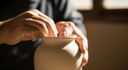 Hands shaping clay on a pottery wheel creating a vase