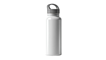 A white, cylindrical, metal water bottle.  A gray,  loop-shaped lid and handle are affixed