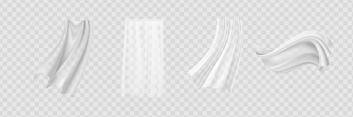 Set of realistic fluttering white cloths, soft lightweight clear material isolated on transparent background vector illustration