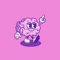 Cute funny brain retro character. Mental healt. Groovy, logo, icon, illustration, vector, sticker