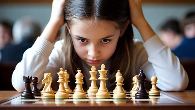 Smart kid engaging in a chess match, deeply focused on strategizing her next move during an exciting tournament