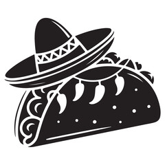 Stylized black and white illustration of a taco topped with a sombrero evoking mexican cuisine and celebration