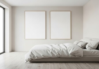 Modern Minimalist Bedroom with two Blank Frames. Frame Mockup in Contemporary Bedroom Interior. Stylish Bedroom with Mockup Frames Above the Bed. Serene Bedroom in Neutral Palette and Blank Artwork