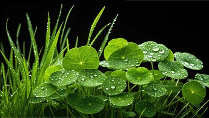 Vibrant green aquatic plants with water droplets on a dark background