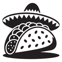 Stylized black and white illustration of a taco wearing a sombrero representing mexican cuisine and culture