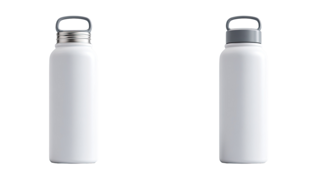 Two identical white insulated water bottles, vertically oriented, with gray handles