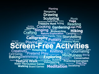 Screen-Free Activities Word Cloud. Creative and Healthy Offline Ideas for All Ages