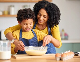 A Dominican mother and son baking a cake together in a small but colorful kitchen