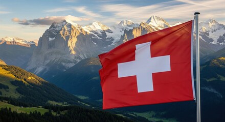 Swiss Flag Waving Over Majestic Alps at Sunrise