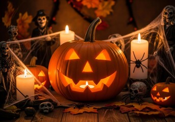 Halloween glowing Jack-o'-lantern with a sinister carved face, creepy spiders, autumn leaves, candles. Traditional spooky spirit of a Halloween celebration at home