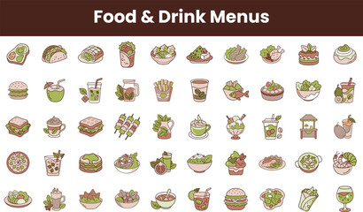A colorful collection of food and drink menu illustrations, showcasing a variety of delicious items like burgers, salads, and desserts in a playful design.