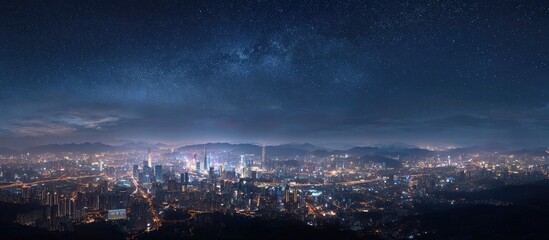 Fototapeta premium Night cityscape panorama Milky Way above illuminated city, mountains in background; website banner