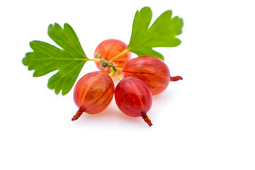 Red gooseberries with green leaf on white background