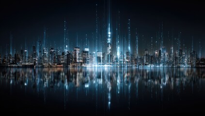 Night cityscape, digital data streams, waterfront reflection, futuristic technology