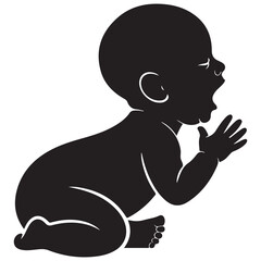 Silhouette of a crying baby with mouth open wide and hands raised in distress on a white background