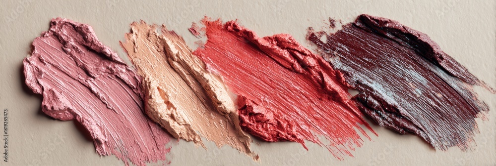 Poster brushstroke textures create a dynamic representation of makeup smears on a neutral background with a