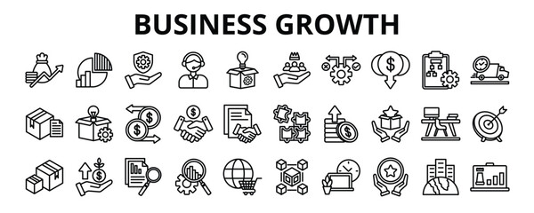 30 Business Growth Line Icons Vector - revenue, profit, workspace, strategy, expansion, success, business analytics, relationship, implementation, market share
