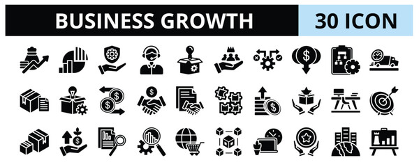 30 Business Growth Glyph Icons Vector - revenue, profit, workspace, strategy, expansion, success, business analytics, relationship, implementation, market share
