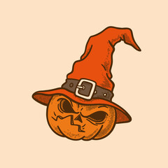 Vector illustration of a pumpkin wearing a witch's hat. Perfect for Halloween themed designs and decorations. retro, vintage, character, mascot, editable, expression, collection, clip art, sticker