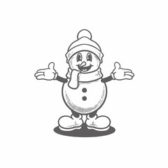 Snowman groovy cartoon character. Merry Christmas and Happy New Year collection. Retro, icon, snow, illustration, vector, sticker, 70's, mascot, editable, funny, holiday, coloring book, winter