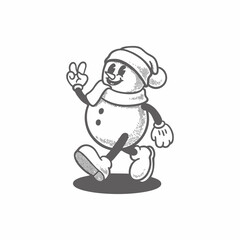 Naklejka premium Snowman groovy cartoon character. Merry Christmas and Happy New Year collection. Retro, icon, snow, illustration, vector, sticker, 70's, mascot, editable, funny, holiday, coloring book, winter