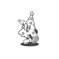 Merry Christmas and Happy New Year collection. Groovy retro christmas tree character. Mascot, illustration, clip art, vector, icon, sticker, holiday, decoration, pine tree, winter, coloring book 