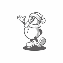 Snowman groovy cartoon character. Merry Christmas and Happy New Year collection. Retro, icon, snow, illustration, vector, sticker, 70's, mascot, editable, funny, holiday, coloring book, winter