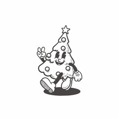 Merry Christmas and Happy New Year collection. Groovy retro christmas tree character. Mascot, illustration, clip art, vector, icon, sticker, holiday, decoration, pine tree, winter, coloring book 