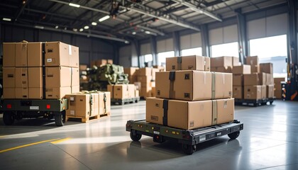 Cardboard boxes stacked on pallets inside a large warehouse