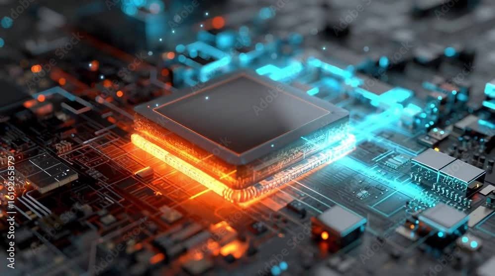 Poster edge data center. close-up of glowing microchip on circuit board.