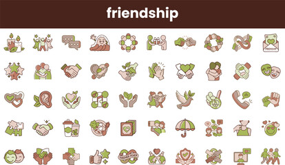 A colorful collection of friendship-themed icons featuring diverse representations of connection and support, showcasing hands, hearts, and symbols of camaraderie.