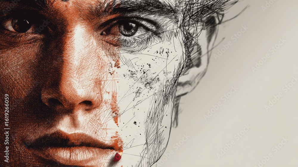 Poster blend of realism and artistry showcases a unique face with glowing features and minimalistic lower s