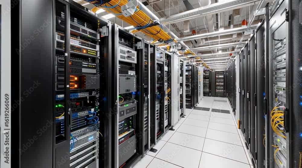 Poster edge data center. rows of modern server racks and network cables.