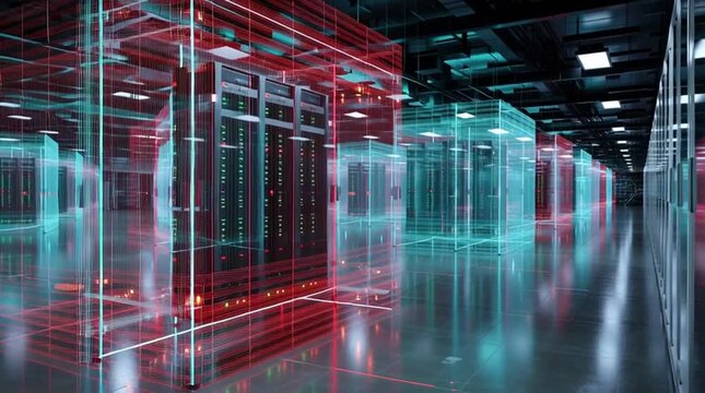 Edge data center. Futuristic illuminated server racks in a modern facility.
