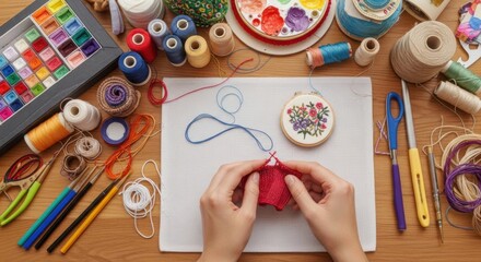 Crafting Supplies and Hands Engaged in Needlepoint Hobby