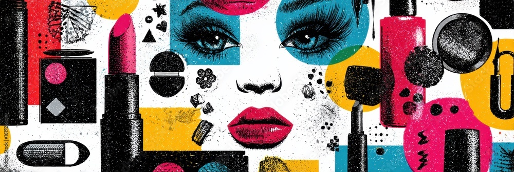 Poster creative blend of makeup icons in vibrant pop graphics layout with a sleek bottom section for added 