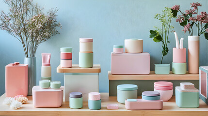 Pastel colored containers and boxes displayed on shelves