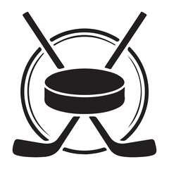 Iconic silhouette of crossed hockey sticks and puck centered within a circular emblem