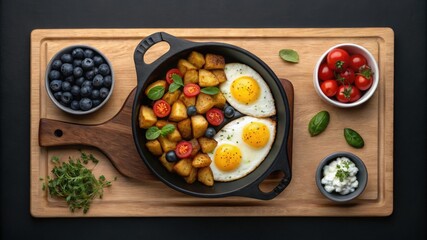Hearty breakfast feast with fried eggs and potatoes
