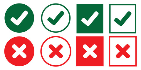 Set of red tick mark and cross mark isolated with white background, check and red cross mark icon set. checkmark and x mark icon use for apps and website. checkmark, icon, vector. 