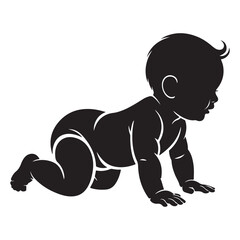 Silhouette of a baby in a diaper crawling on all fours with a white background capturing a moment of early childhood development