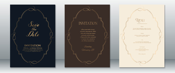Luxurious wedding invitation set featuring a gold curved rectangular frame with delicate swirls. Includes Save the Date, Invitation, and Menu cards on navy, dark brown, and cream backgrounds.