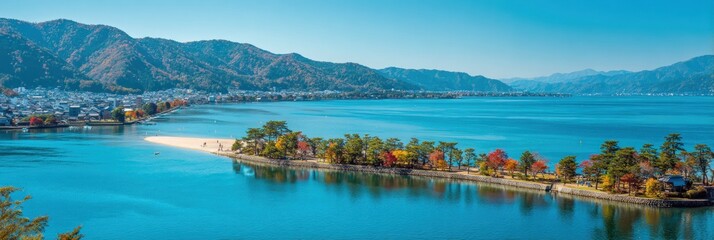 Naklejka premium Marine Day In Japan Scenic Amanohashidate Sandbar Autumn Landscape Premium Travel Destination for Millennial and Family Summer Holiday Marketing Campaigns