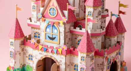 Adorable Pink Castle Model with Festive Bunting and Happy Face Window