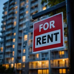 Red and white For Rent sign on black pole with modern apartment building in background at night.