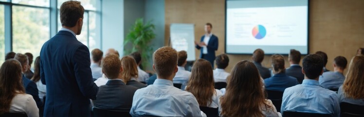 Fototapeta premium Professional business presentation in a conference room with man holding tablet and audience listening attentively.